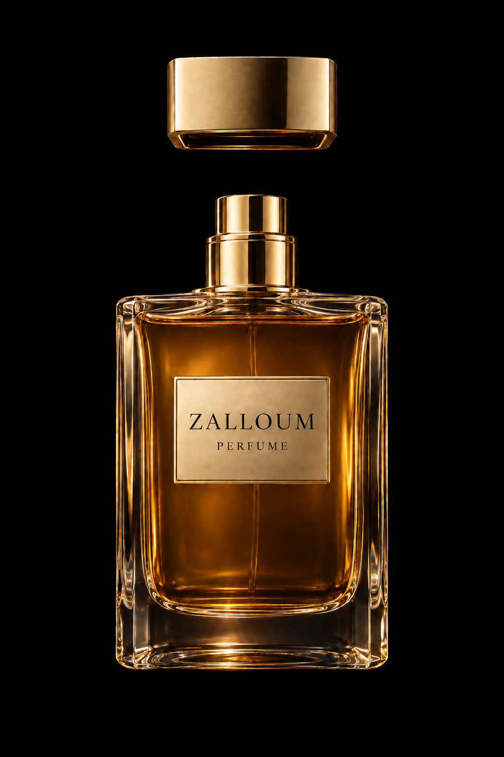 Zalloum Perfume amber perfume in a sculpted glass bottle with a floating gold cap